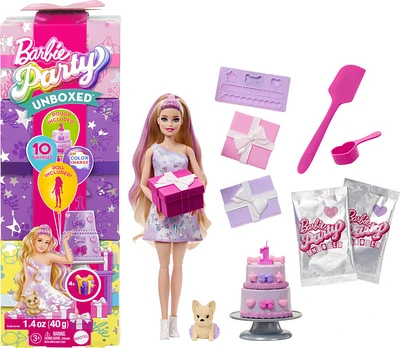 Barbie Party Unboxed Pet Birthday Series Doll & Accessories, Birthday Bows Set with 10 Surprises