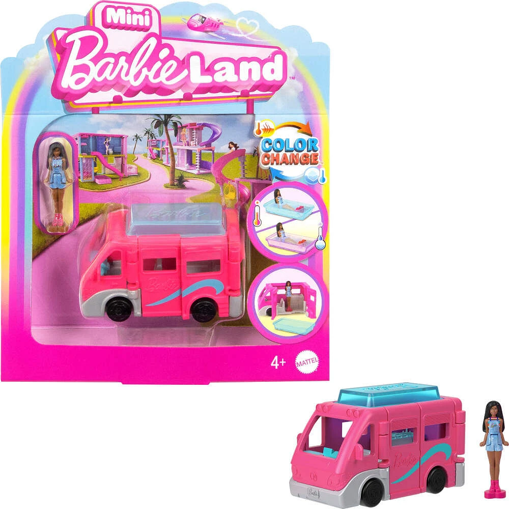 Coffret poupée et véhicule jouet Mini BarbieLand Barbie, poupée Barbie de 3,81 cm (1,5 po) et Autocaravane de rêve avec portes qui s'ouvrent vraiment et piscine à changement de couleur