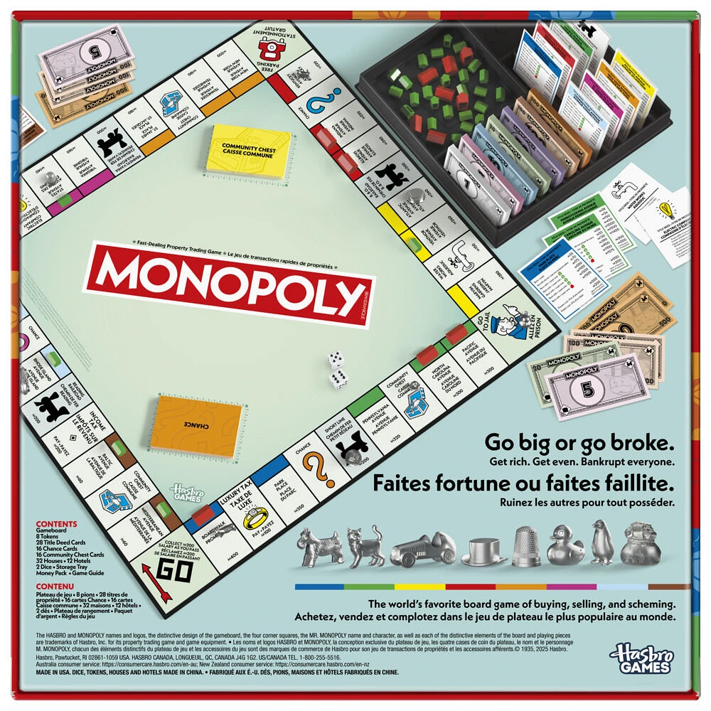 Monopoly, jeu de plateau avec boîte de rangement et pions grand format