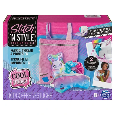 Cool Maker, Recharge Stitch 'N Style Fashion Studio avec 2 cartouches de fil pré-enfilées, tissus et imprimés à transférer à l'eau