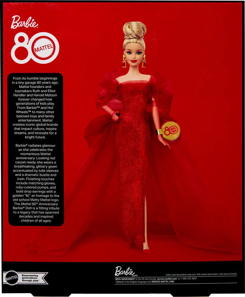Barbie Signature Collectible Doll for Mattel 80th Anniversary, Glittery Red Tulle Gown, Blonde Hair