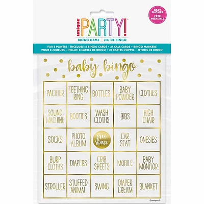 Gold Baby Shower Bingo Kit for 8 - English Edition