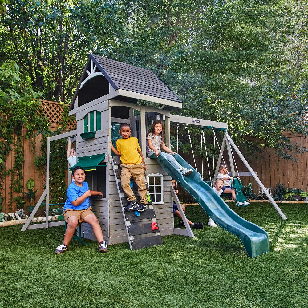 KidKraft River Canyon Wooden Swing Set / Playset with Slide, Glider and Monkey Bars