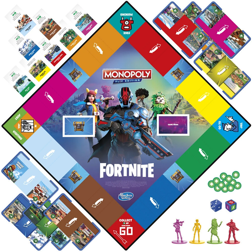 Monopoly Flip édition : Fortnite, jeu de plateau Monopoly inspiré du jeu vidéo Fortnite