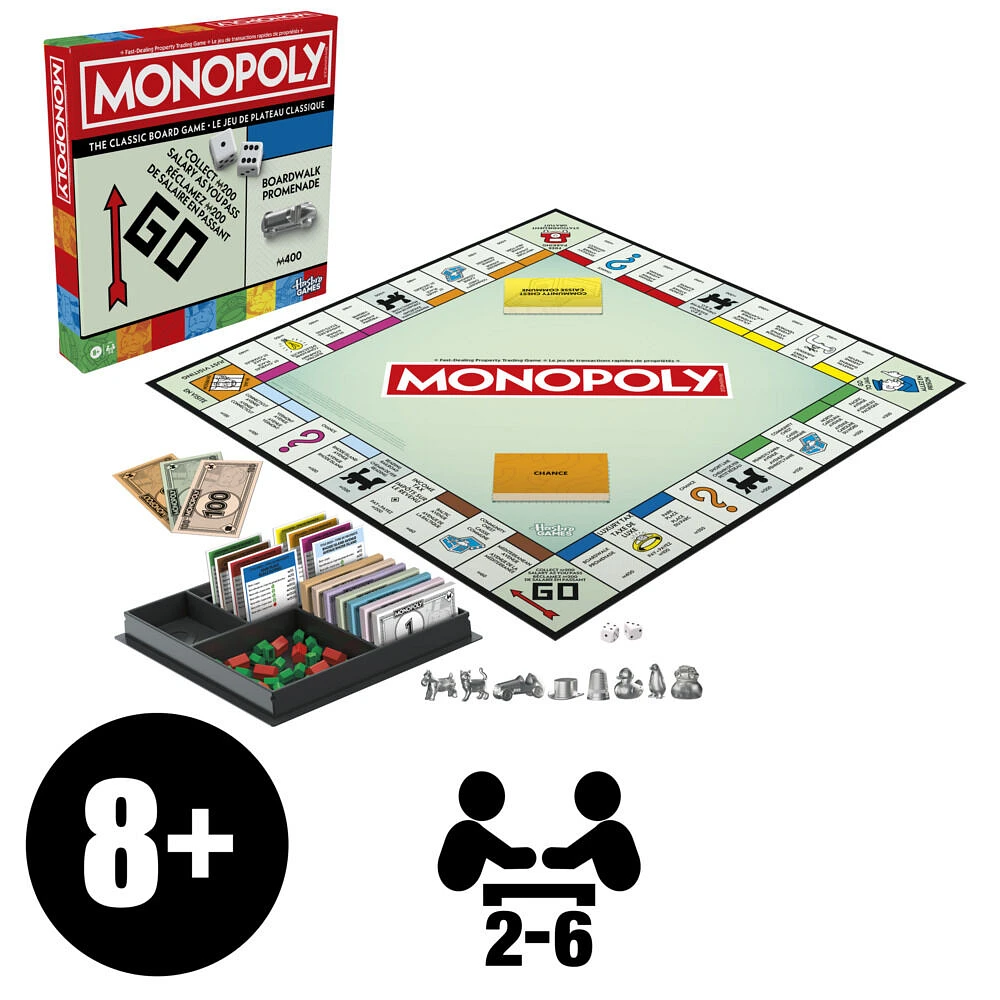 Monopoly, jeu de plateau avec boîte de rangement et pions grand format