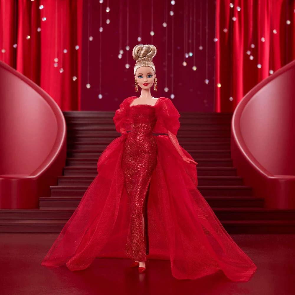 Barbie Signature Collectible Doll for Mattel 80th Anniversary, Glittery Red Tulle Gown, Blonde Hair