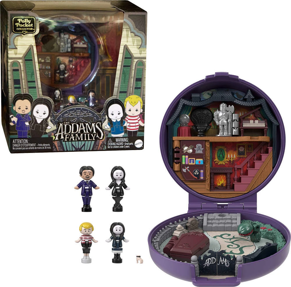 Polly Pocket Coffret La famille Adams, avec 4 personnages en édition spéciale et 10 accessoires
