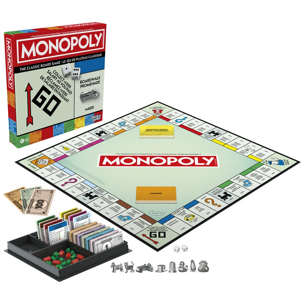 Monopoly, jeu de plateau avec boîte de rangement et pions grand format
