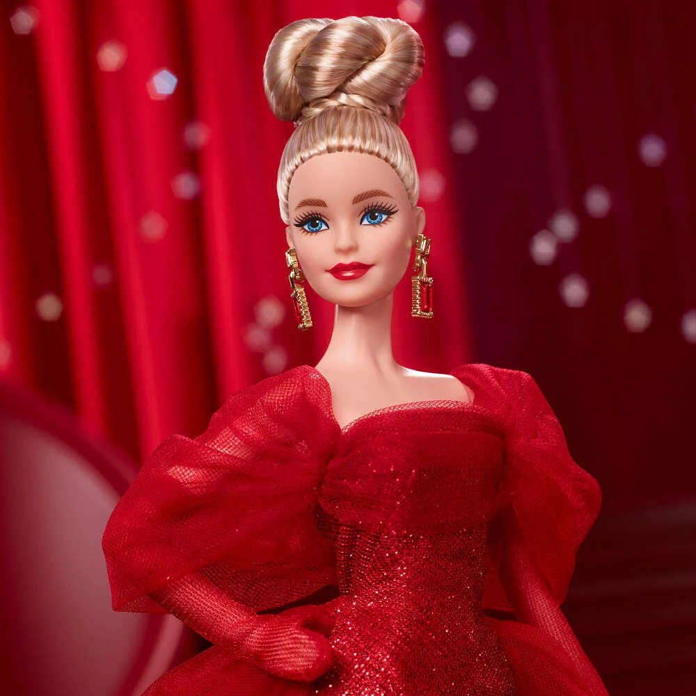 Barbie Signature Collectible Doll for Mattel 80th Anniversary, Glittery Red Tulle Gown, Blonde Hair