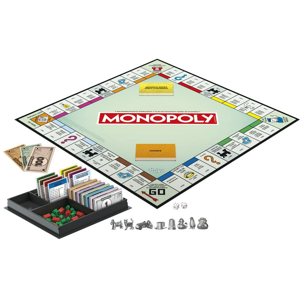 Monopoly, jeu de plateau avec boîte de rangement et pions grand format