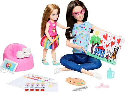 Barbie Art Therapy Playset with 2 Dolls, Pet & Accessories, Shirt on Small Doll Rotates Emoji