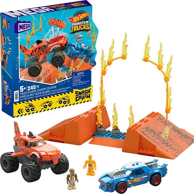 MEGA Hot Wheels Tiger Shark Chomp Course Monster Truck Building Toy with 2 Figures (245 Pieces)