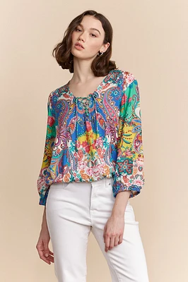 Paisley print lace-up blouse