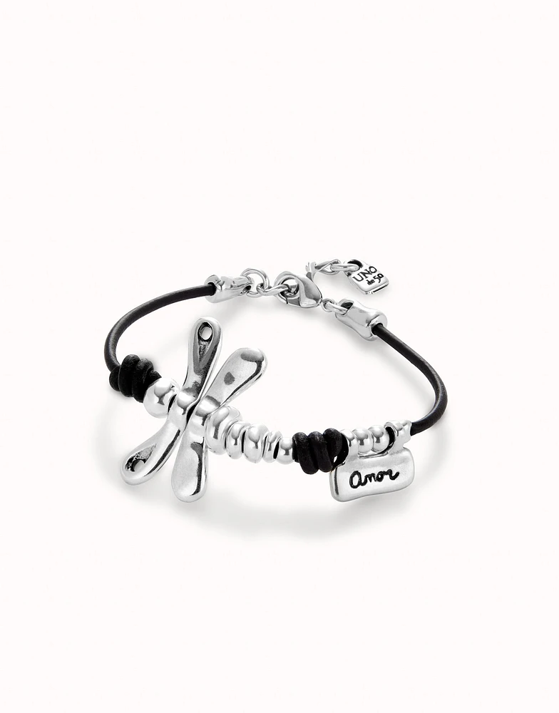 Leather bracelet with beads and butterfly
