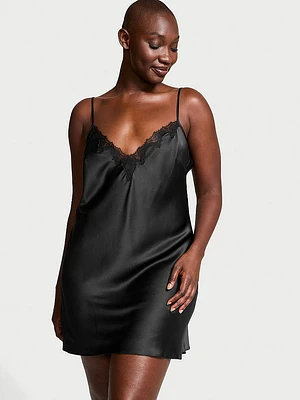 Satin Rose Lace-Trim Mini Slip Dress