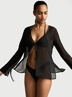 Beachwear Sheer Crinkle Tie-Front Long-Sleeve Top