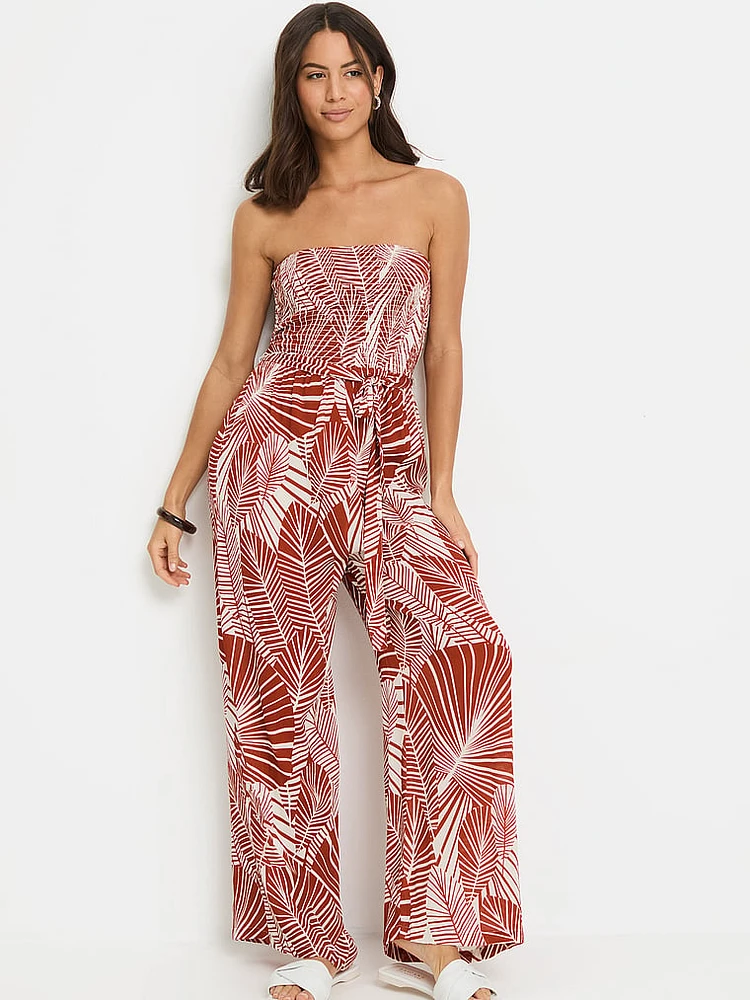 Palm Print Strapless Jumpsuit