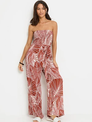 Palm Print Strapless Jumpsuit