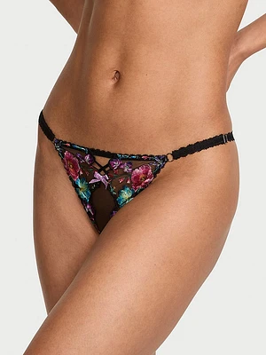 Dark Blossom Embroidery Crotchless Adjustable String Bikini Panty