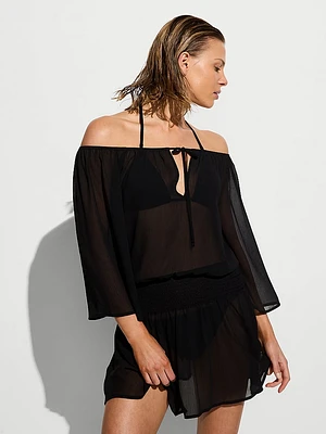 Beachwear Sheer Crinkle Smocked Mini Dress
