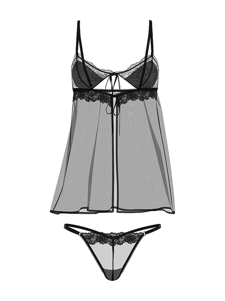 Sheer Rose Lace Triangle Babydoll Set