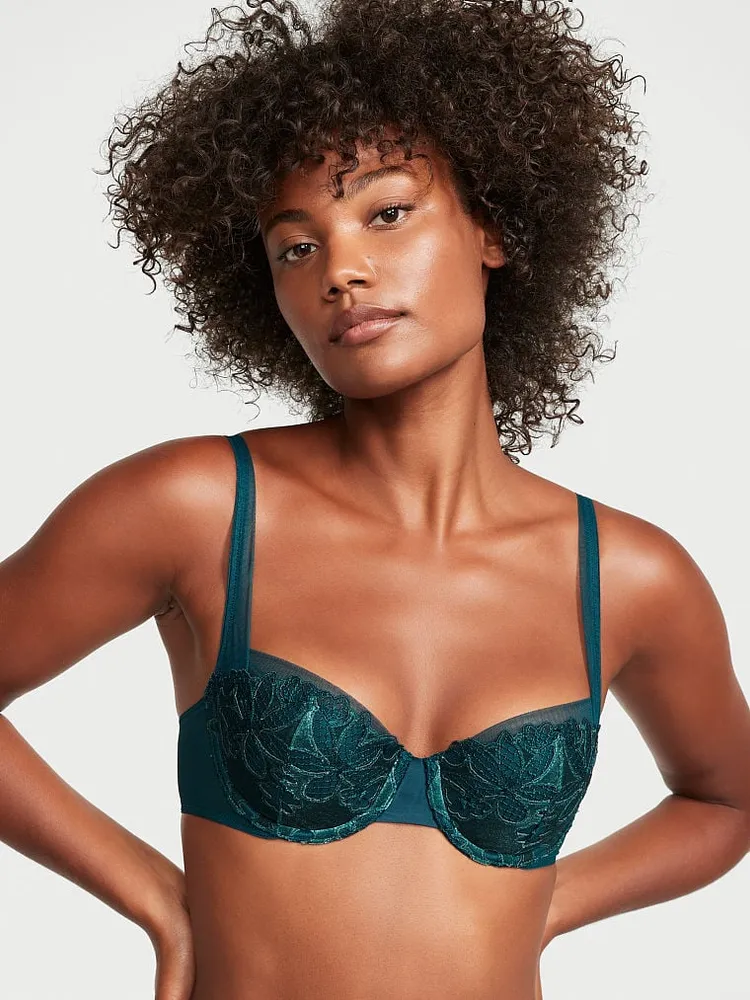 Velvet Ziggy Glam Floral Embroidery Lightly Lined Balconette Bra