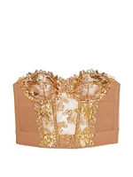 Gold Sequined Ziggy Glam Floral Embroidery Unlined Corset Top