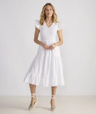 Smocked V-Neck Midi Dress