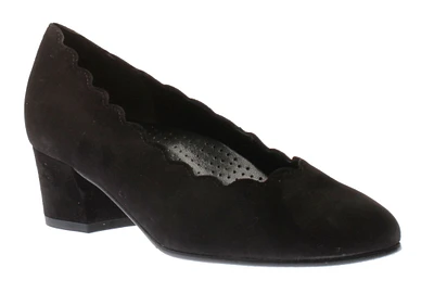 Black Suede Leather Scalloped Block Heel