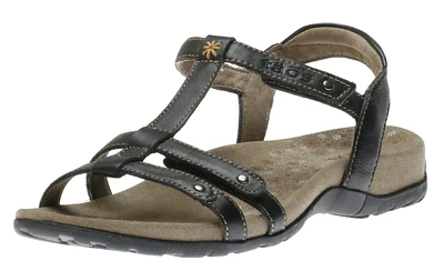 Trophy Black Leather T-Strap Sandal