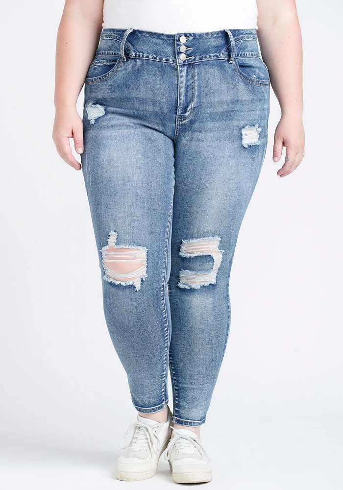 Women's Plus 3 Button High Rise Destroyed Skinny Jeans