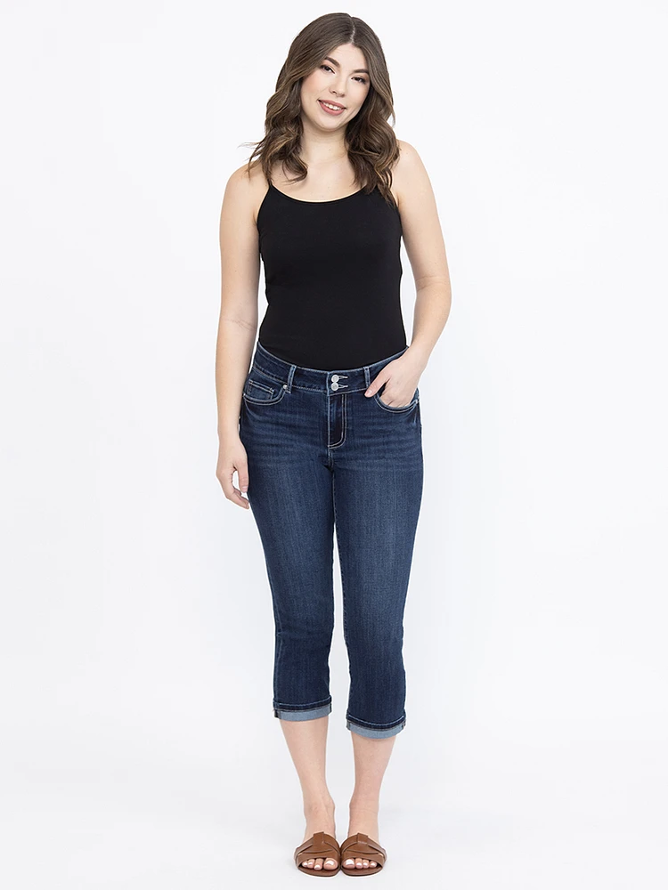 Women's 2 Button Dark Washed Jean Capri