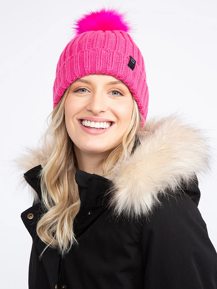 Women's Wide Rib Toque with Fur Pom