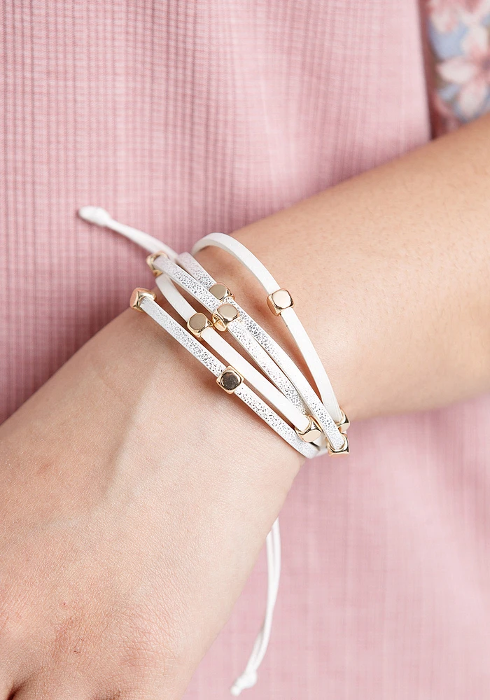 White Faux Leather w Gold Bead Bracelet