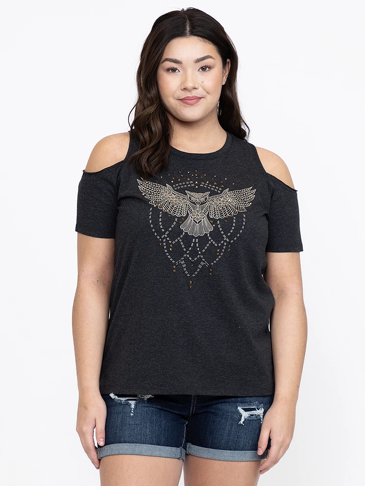 Women's Owl Cold Shoulder Relaxed Tee