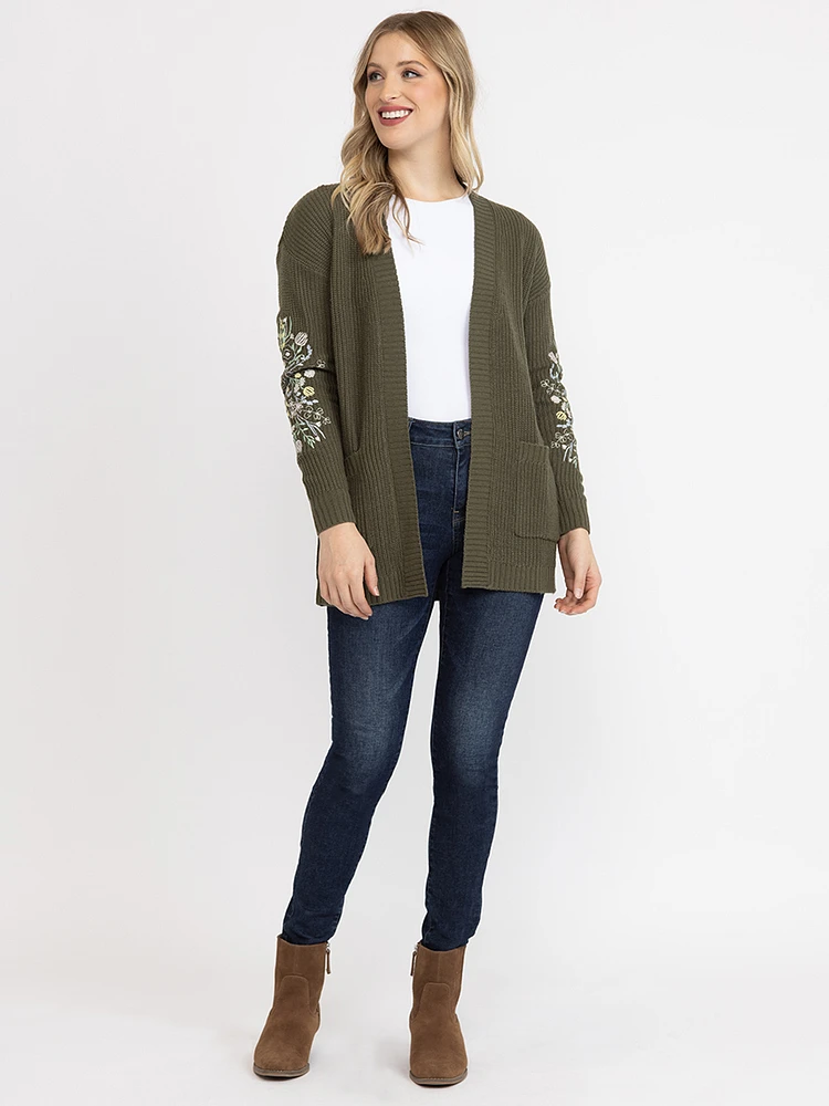 Women's Ribbed Cardigan With Embroidery