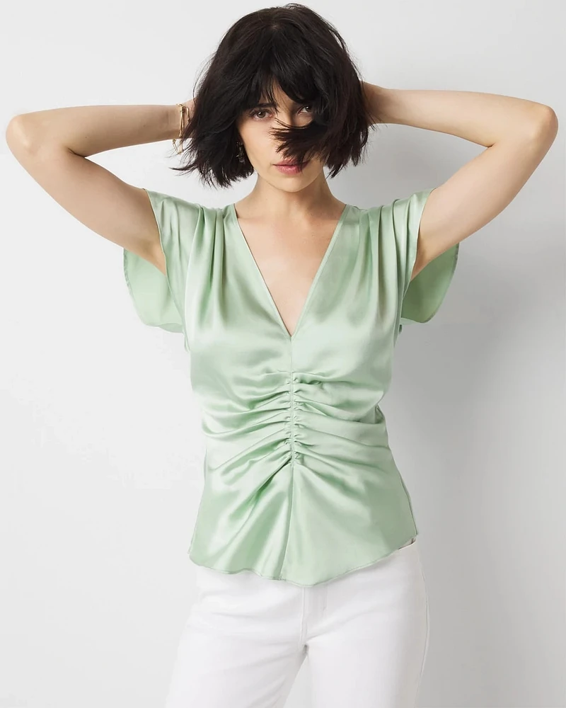 Ruched Front Flutter Sleeve Shell Top