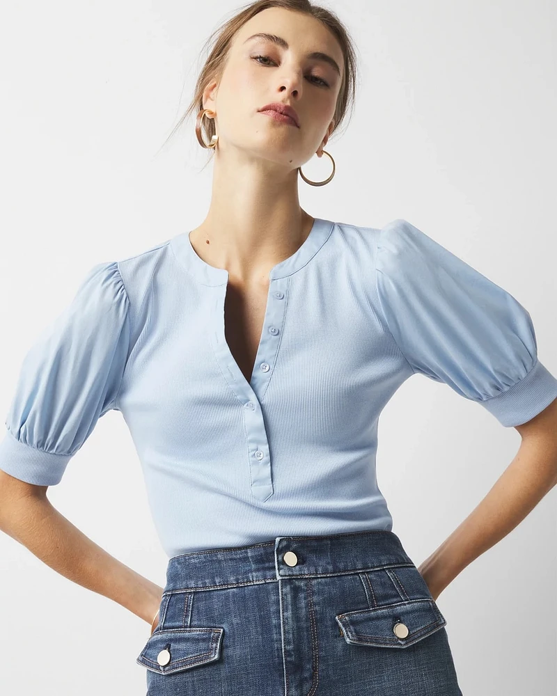 Poplin Puff-Sleeve Henley Top