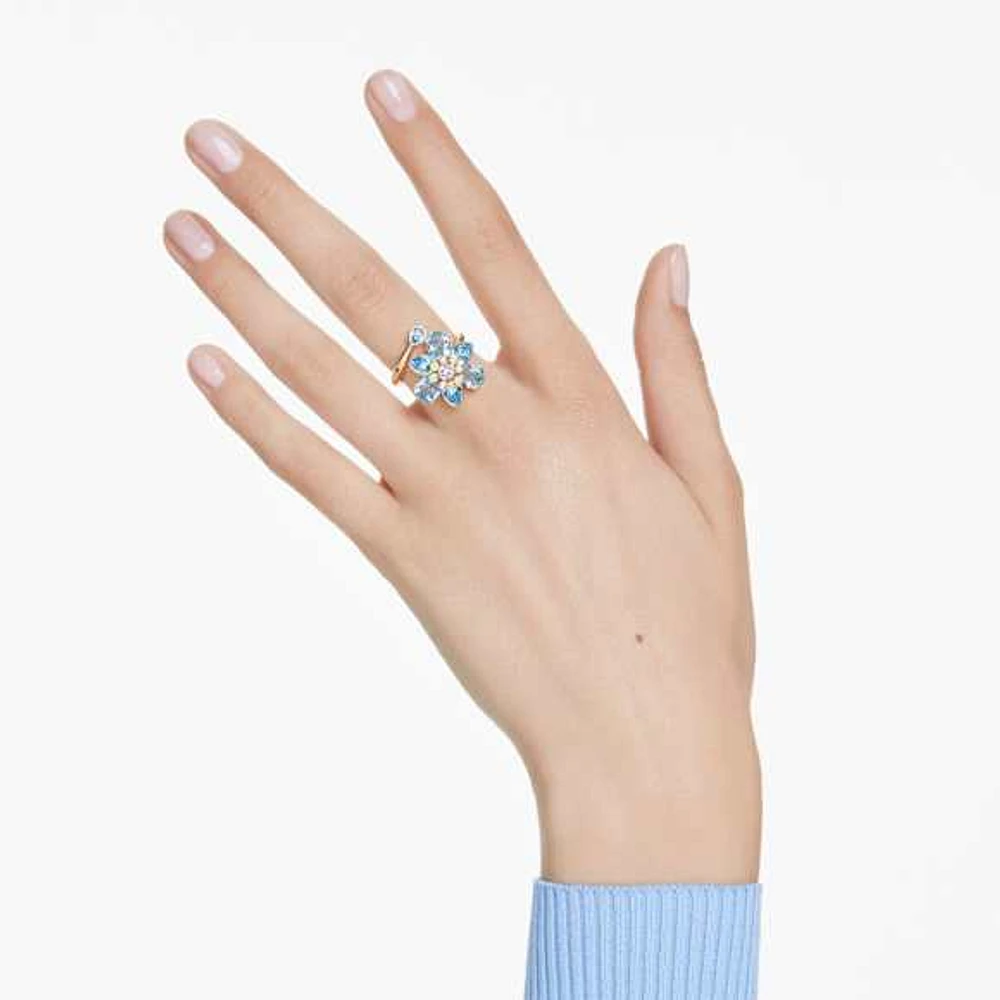 Swarovski Idyllia open ring, Mixed cuts, Flower, Blue, Gold