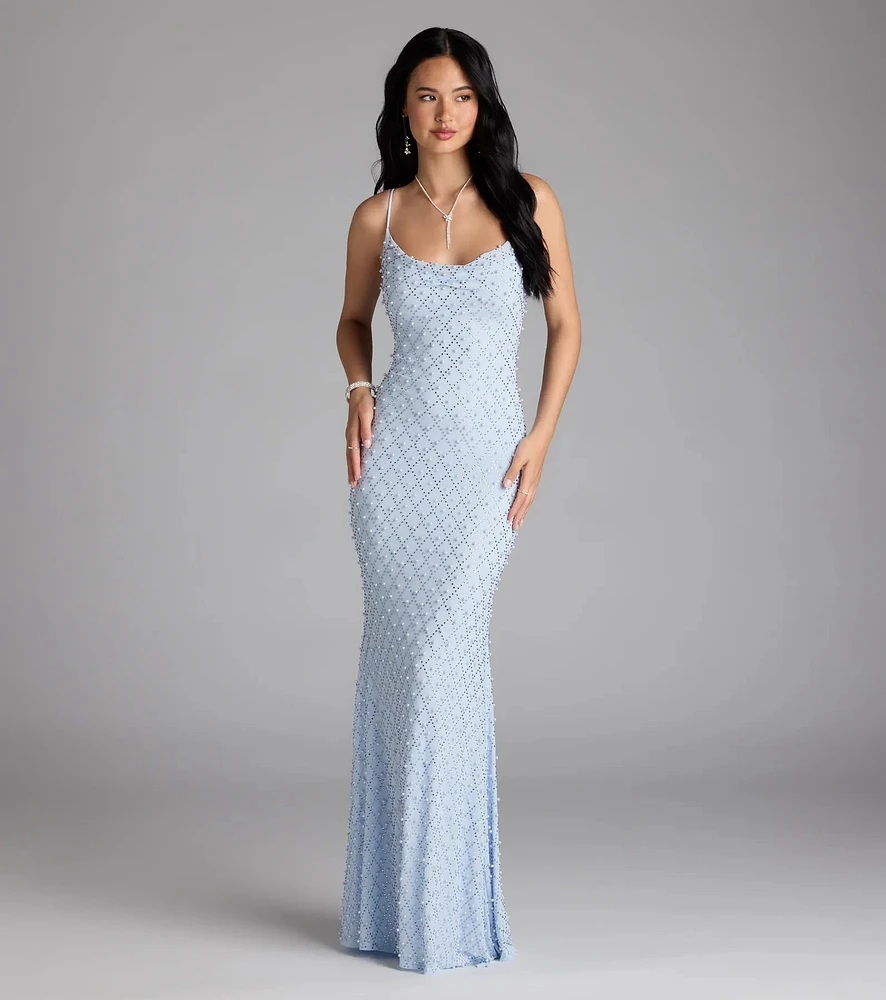 Windsor Elliot Rhinestone And Pearl Mesh Mermaid Dress
