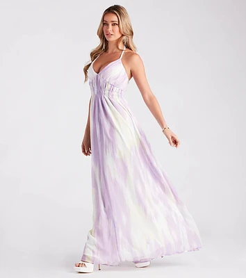 Xscape Abstract Print Pleated Chiffon Halter Neckline