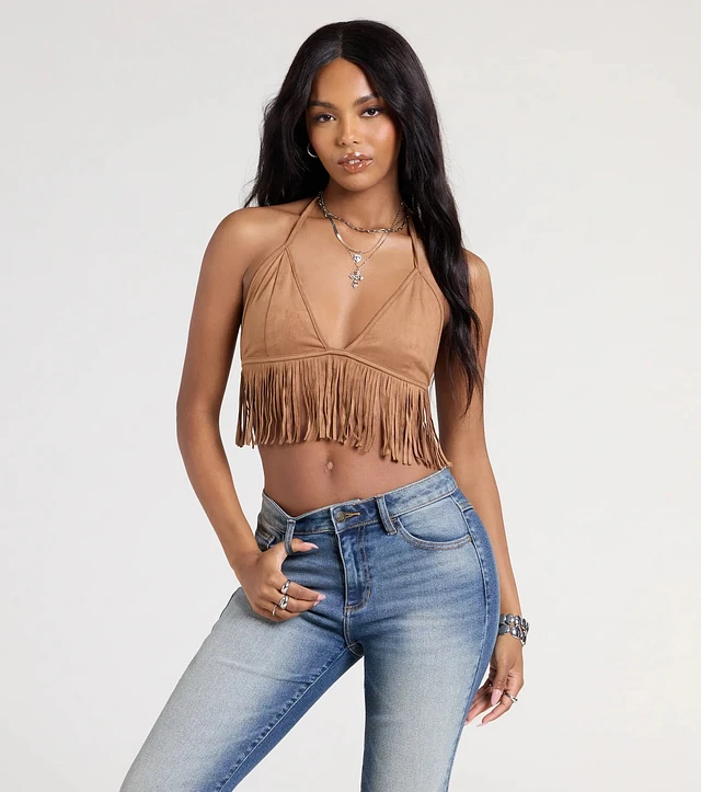 Windsor Shake It Halter Fringe Crop Top | Arden Fair