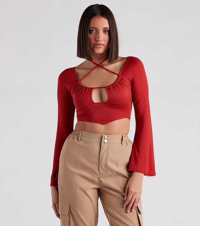 Windsor Chevron Bell Sleeve Crop Top at Hamilton Place in