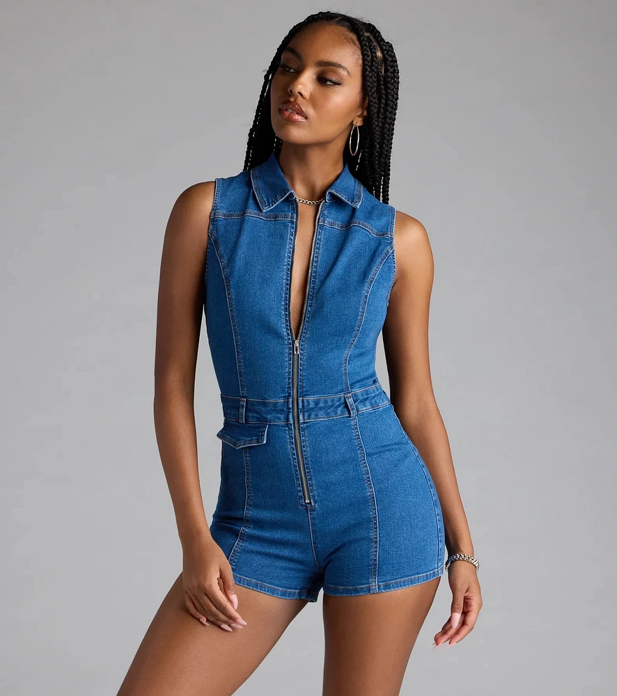 ★SCULPTOR★ PK Classic Romper Melange Gray SC25S303MG Windsor Trendy Fab Zip-Front Denim Romper | Mission Valley