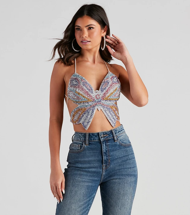 【ROCKCAKE】Glass Glitter Crop Top Allegra K Halter Metallic Crop Top for Women's V Neck Cami