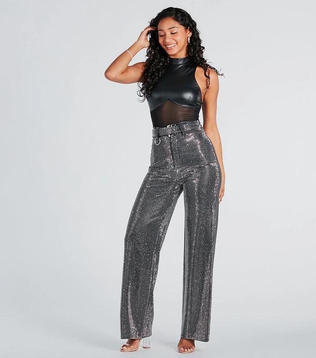 Windsor Gorgeous Bling Rhinestone Belted Wide-Leg Pants