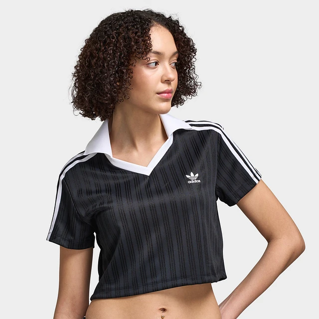 ★ adidas★ Football Jacquard V-Neck Crop Polo Shirt Black Adidas - Football Jacquard V-Neck Crop Polo Shirt in Black