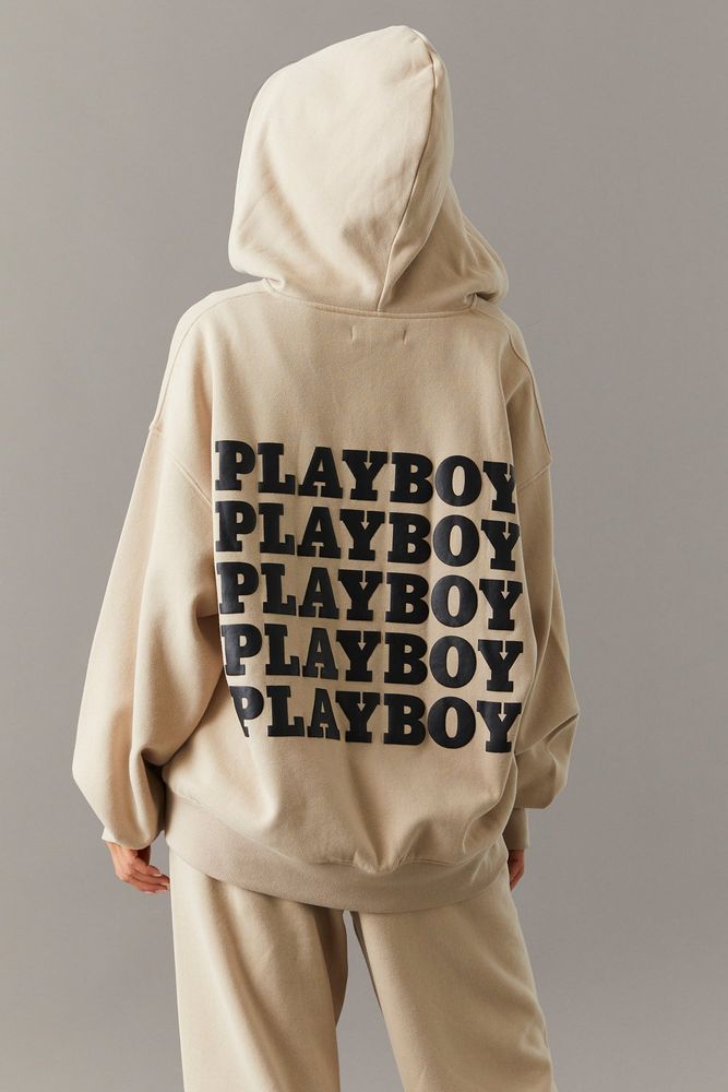 Urban Playboy Graphic Oversized ZipUp Hoodie Tan Square One