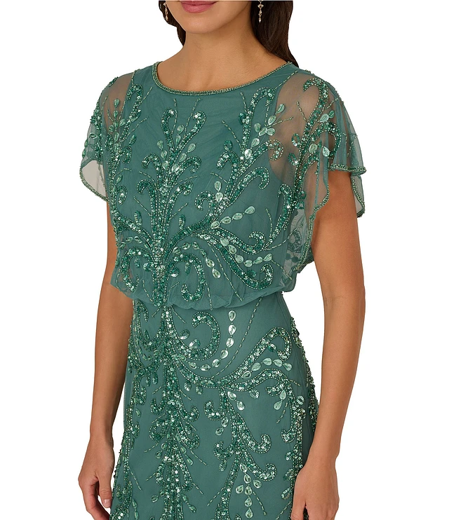 Mac Duggal Pearl Sequin Beaded Mesh Boat Neck Short Flutter