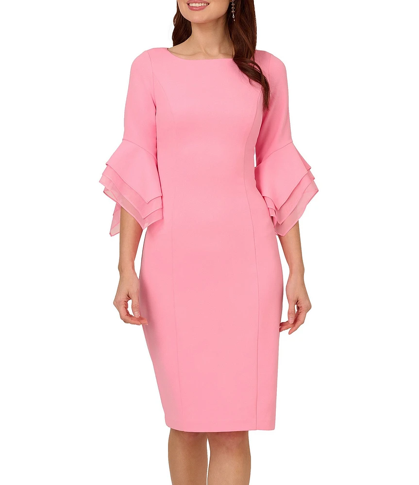 Adrianna Papell Stretch Crepe 3/4 Bell Sleeve Boat Neck